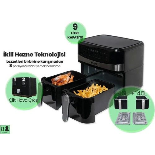 WIAMI KDF-5599DT 9 LT CIFT SEPET AIR FRYER